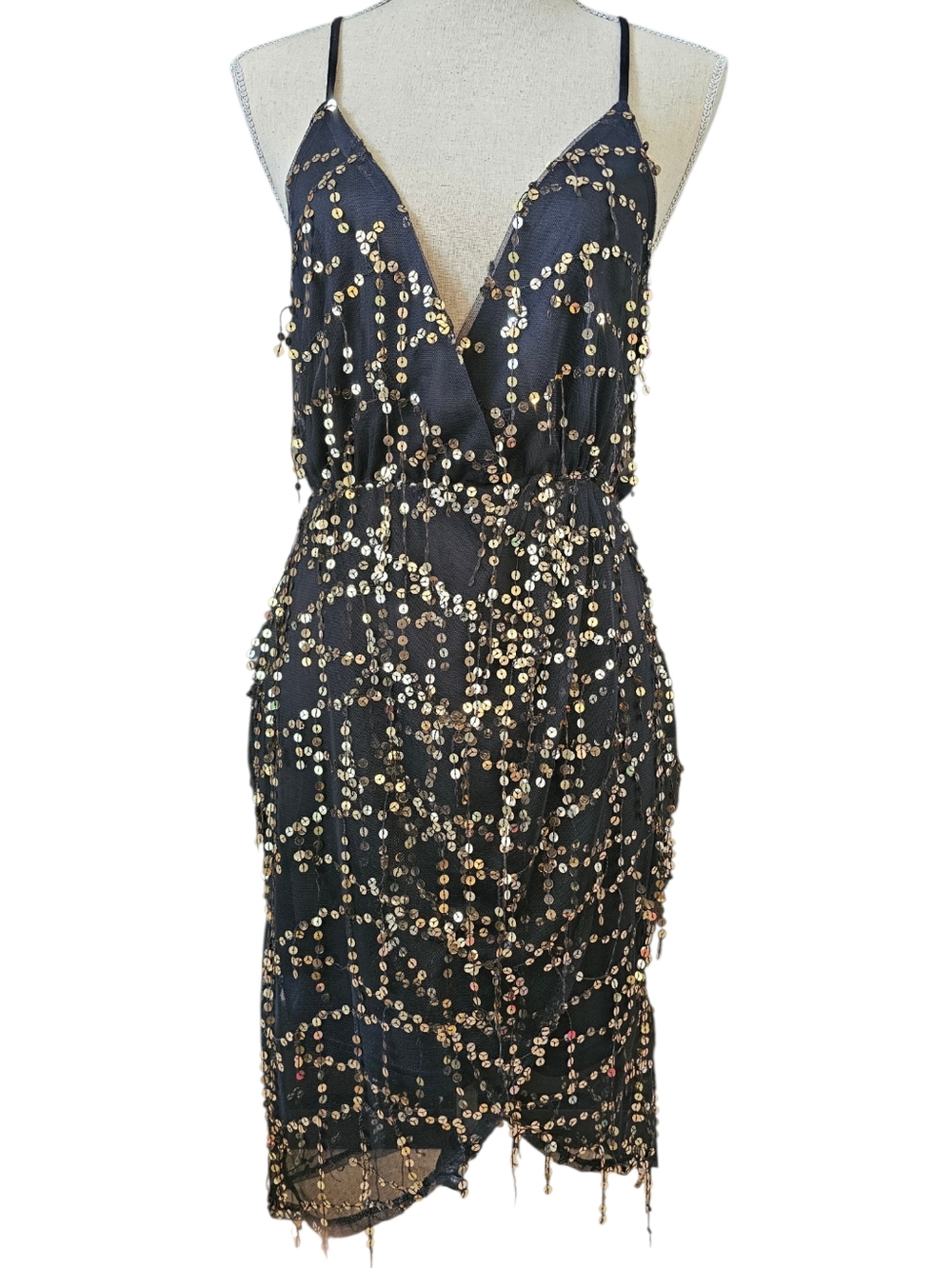 Black Sequin Spaghetti-Strap Dress - Elegant Evening Wear, Size Small